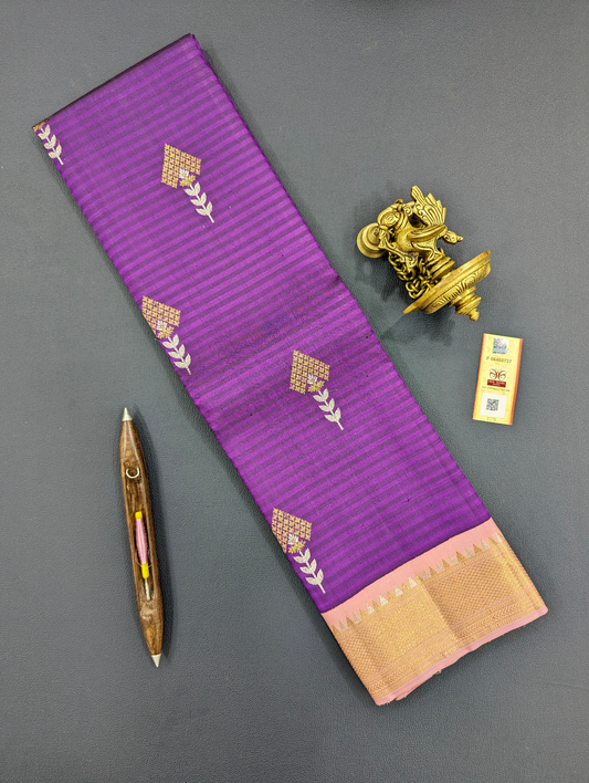 Exquisite Violet Korvai Silk Sari with intricate gold zari weaving.