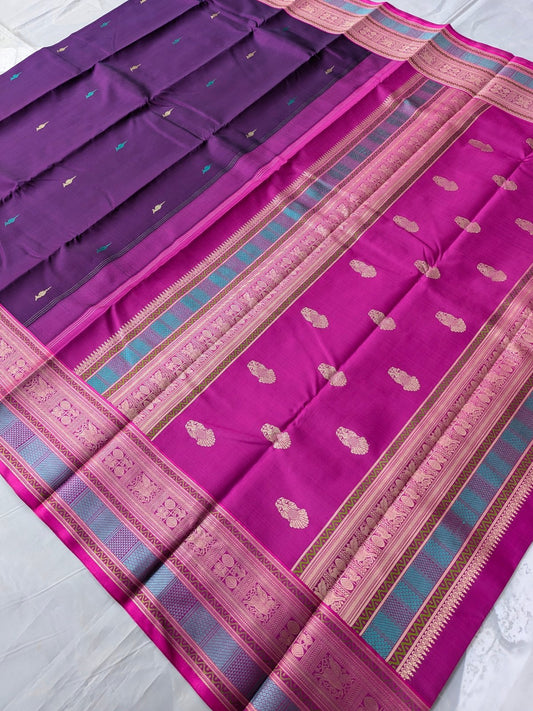 Pure Kanchipuram Magenta Handloom Silk Saree with Korvai Thread Border