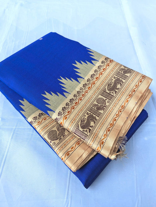 Pure Kanchipuram Violet Handloom Silk Saree with Tussar Temple Korvai Thread Border