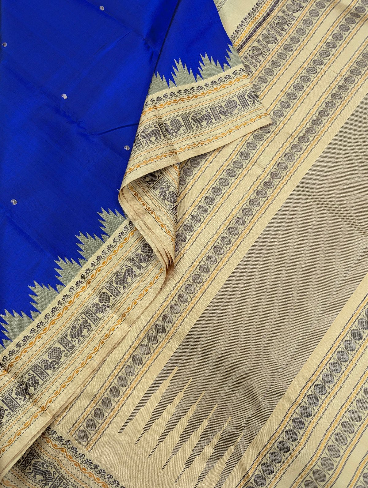 Pure Kanchipuram Violet Handloom Silk Saree with Tussar Temple Korvai Thread Border